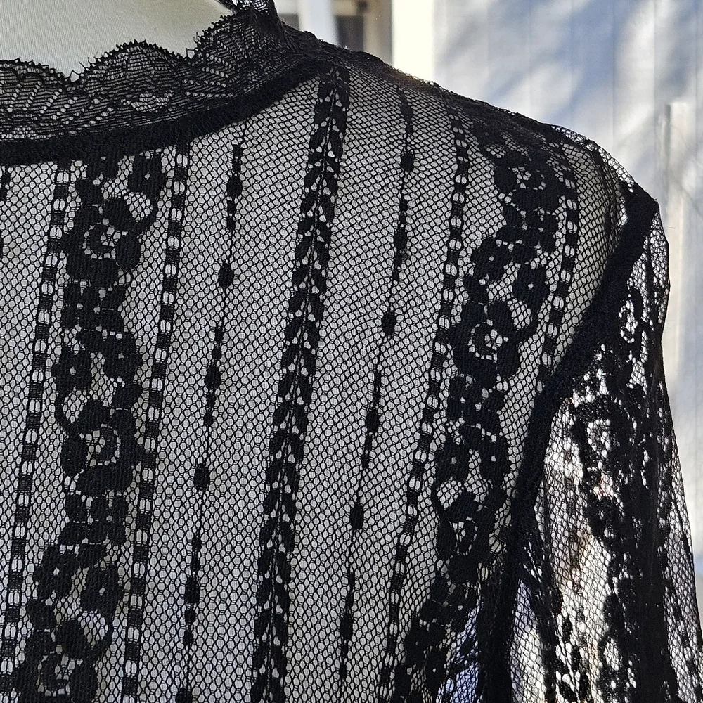 H&M Divided Sheer Black Lace LS Top Scalloped Hem Blouse Size 2 Goth Layering